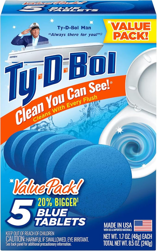 Ty-D-Bol Blue Tablets Value 5 Pack, Cleans and Deodorizer Toilets for a Fresh Smelling Bathroom
