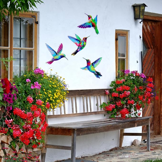 4 Pcs Metal Wall Art, Wall Decor for Bedroom, Rustic Hummingbirds Hanging Decorations for Garden Living Room Balcony Patio Fence Indoor Outdoor, 8.66L x 8.26W