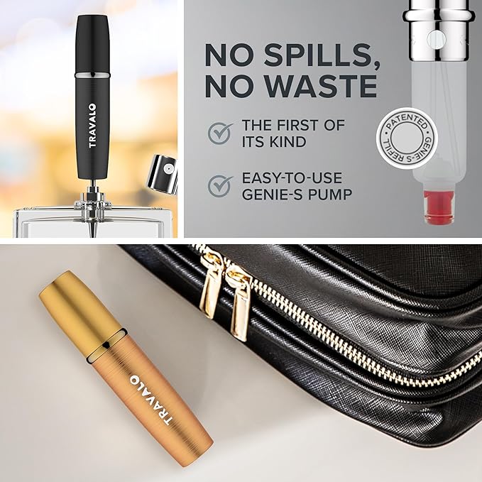 Travalo Lux Perfume Atomizer Gift Set Black & Gold - 2 Pc Leak-Proof, Airtight, Easy to Fill Mini Spray Bottles - Travel Size Perfume Refill Bottle with Polished Metal Alloy Outer Shell