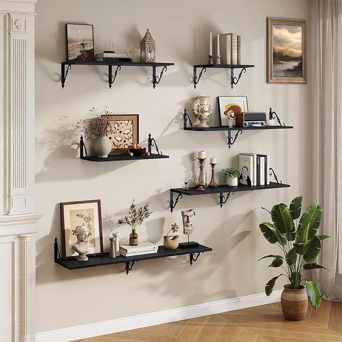 RICHFOCUS 12 Inch Deep Floating Shelves for Wall, 55" W x 12" D Black Wood Wall Shelves Set of 2, Wide Floating Shelves for Living Room, Bedroom, Kitchen, Bathroom and Decor Storage, Black