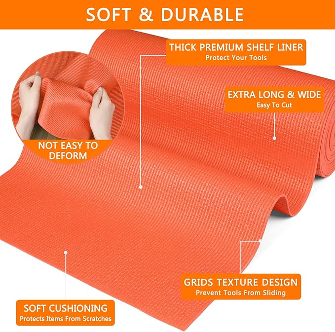 Foam Toolbox Liner Drawer Mat 1/8 Inch Thick X 16 Inch Wide X 6 Ft Long Orange, No Slip for Protecting Cabinet, Garage, Cart, Tool Box