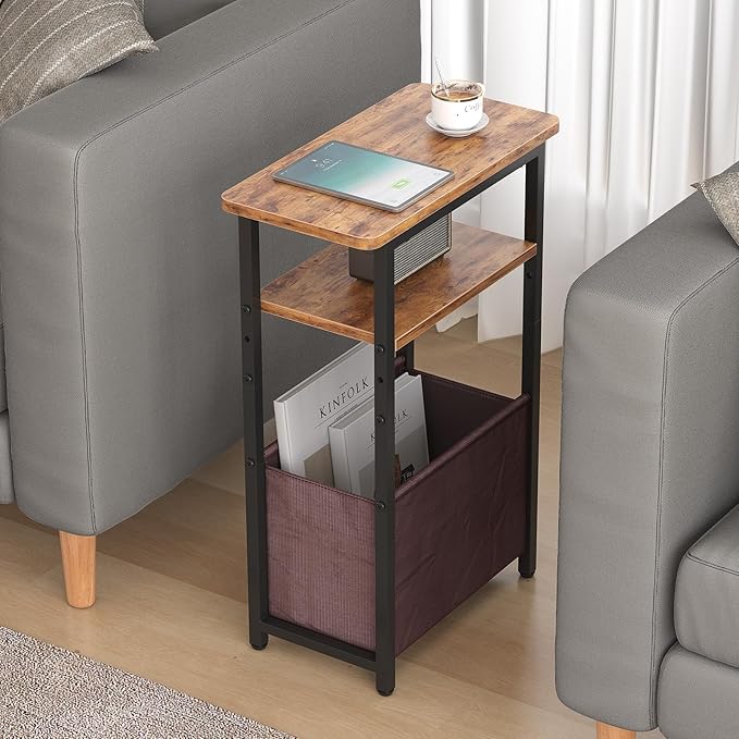 Narrow Side Table, Skinny End Tables with Fabric Basket, Small Side Tables for Small Space, 2-Tier Open Shelves with Basket, Slim Nightstands for Bedroom,Living Room,Office, Rustic Brown