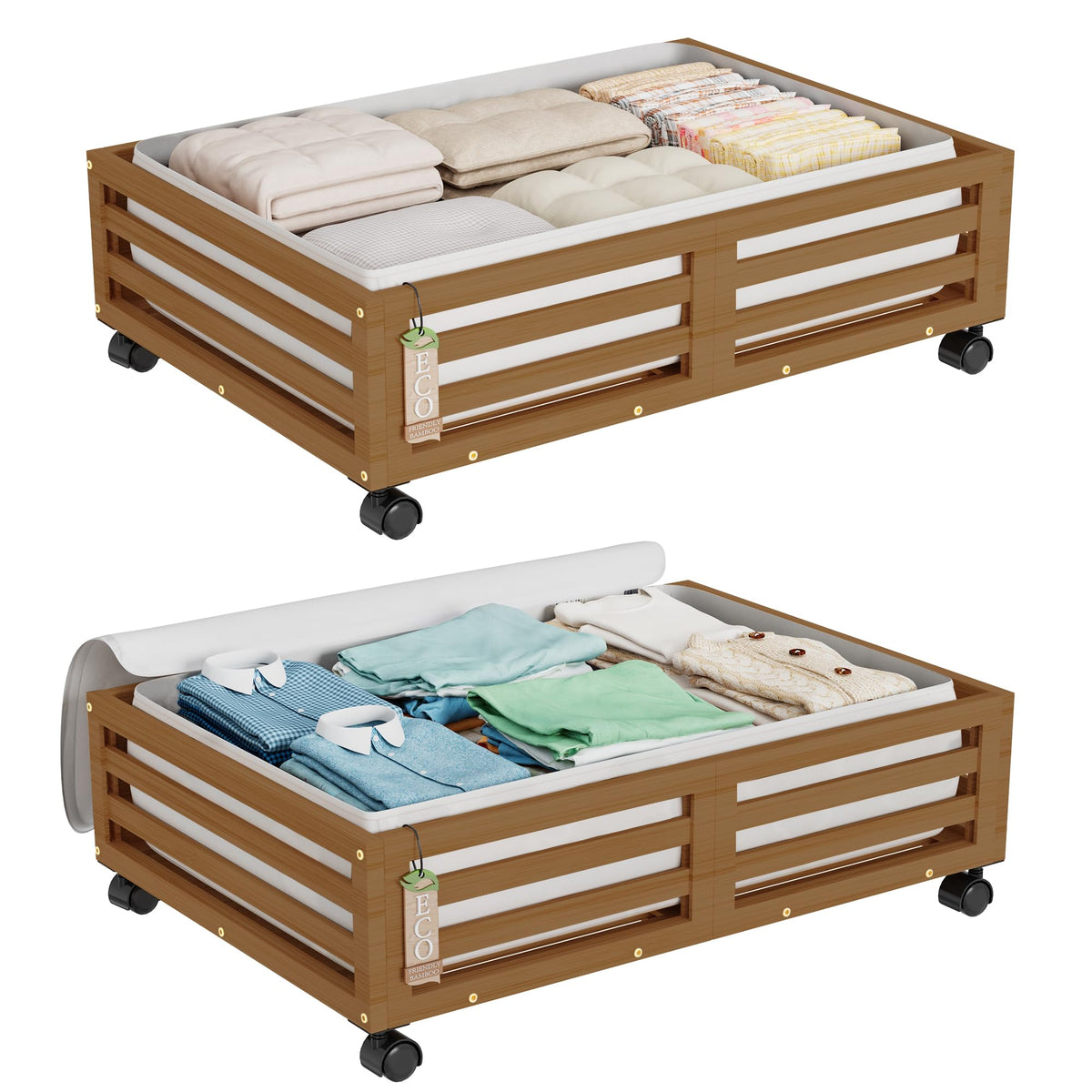 2 Packs Bamboo Under Bed Storage Organizer with Wheels - Image 1