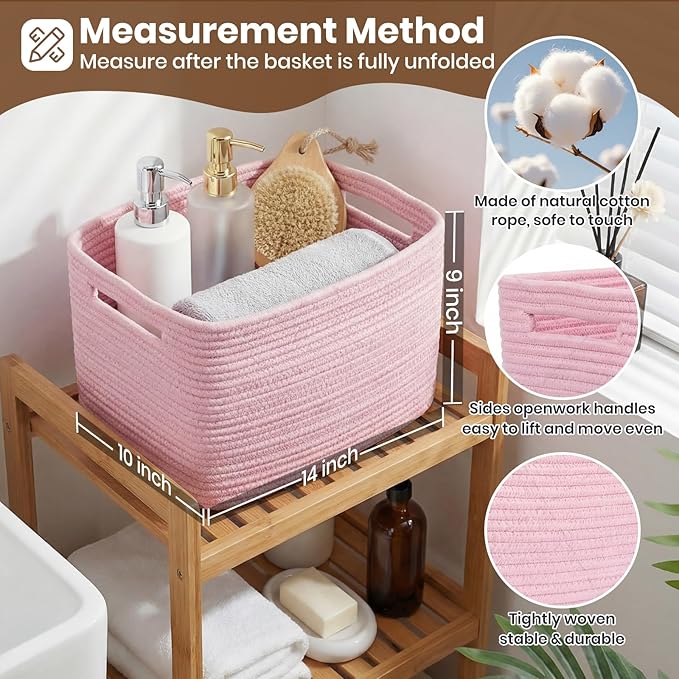Storage Baskets for Organizing, 14 x 10 x 9” Closet Shelf Woven Baskets, Square Bins with Handles, Cotton Rope Basket for Toys, Clothes, Office, Room, Pink 1 Pack