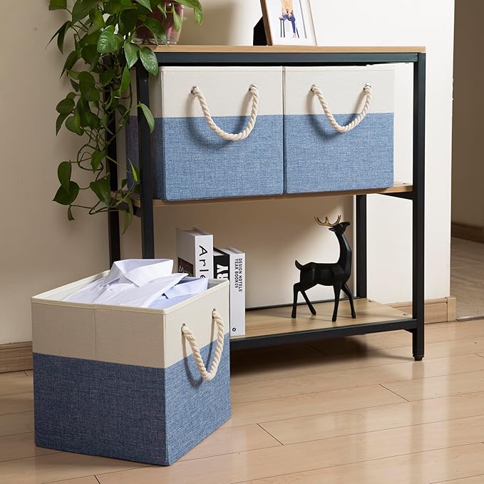 PRANDOM Large Foldable Cube Storage Bins 11x11 inch [2-Pack] Fabric Linen Storage Baskets Cubes Drawer with Cotton Handles Organizer for Shelves Nursery Closet Bedroom Beige/Blue