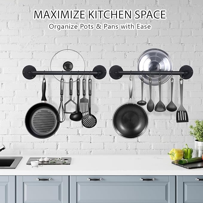 Aduanbang 21'' Wall Mounted Pot & Pan Rack (Set of 2) – Industrial Iron Pipe Kitchen Hanging Rail with 10 S Hooks for Utensils, Pots, and Pans Organization