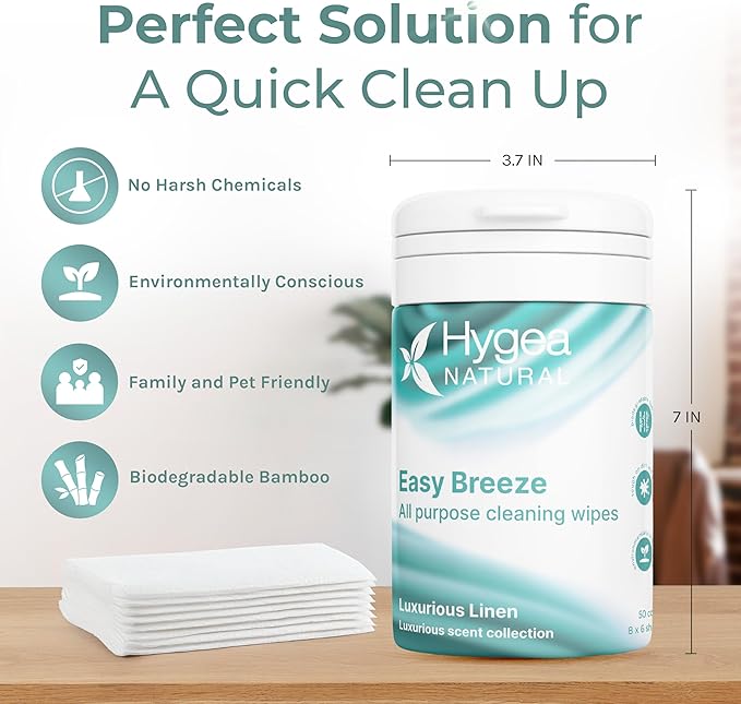 Hygea Natural EasyBreeze All Purpose Cleaning Wipes - Natural Wipes for Multi-surface Cleaning - Environmentally Responsible - Luxurious Linen Scented (Single Pack of 50)