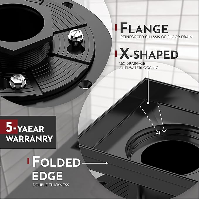 WEBANG 4 Inch Square Shower Drain Black Floor Drain with Flange Wave-Hole Pattern Cover Grate Removable SUS304 Stainless Steel Watermark&CUPC Certified Matte Black