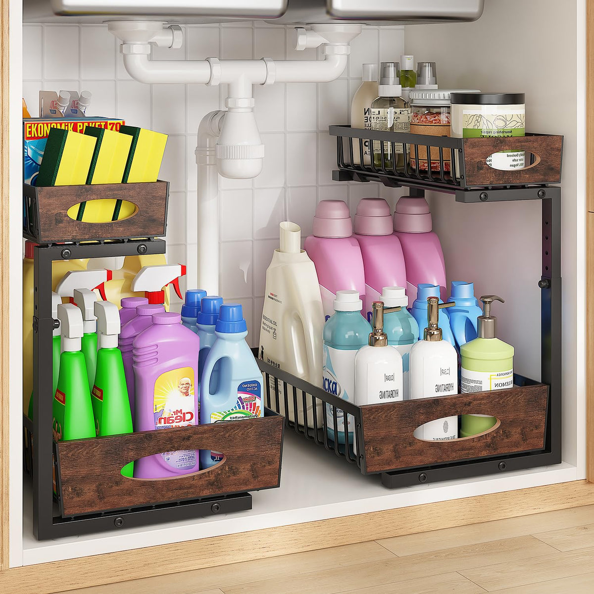 2-Tier Under Sink Organizer with Wooden Drawer Handl | Under Sink Stor - Image 1