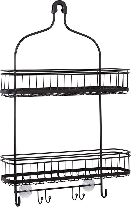 Zenna Home Shower Caddy Hanging Bathroom Organizer, Steel Shower Rack with 2 Extra Wide Shelves and Built in Hooks, Rust-Resistant Over Shower Head Caddy Storage System, Bronze