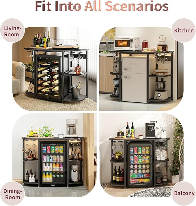 Mini Fridge Stand with Power Outlet and Led Light,Microwave Stand with Storage,Mini Fridge Cabinet with Wine Rack,Bar Cabinet with Fridge Suitable for Kitchen,Dining Room,Living Room,Black