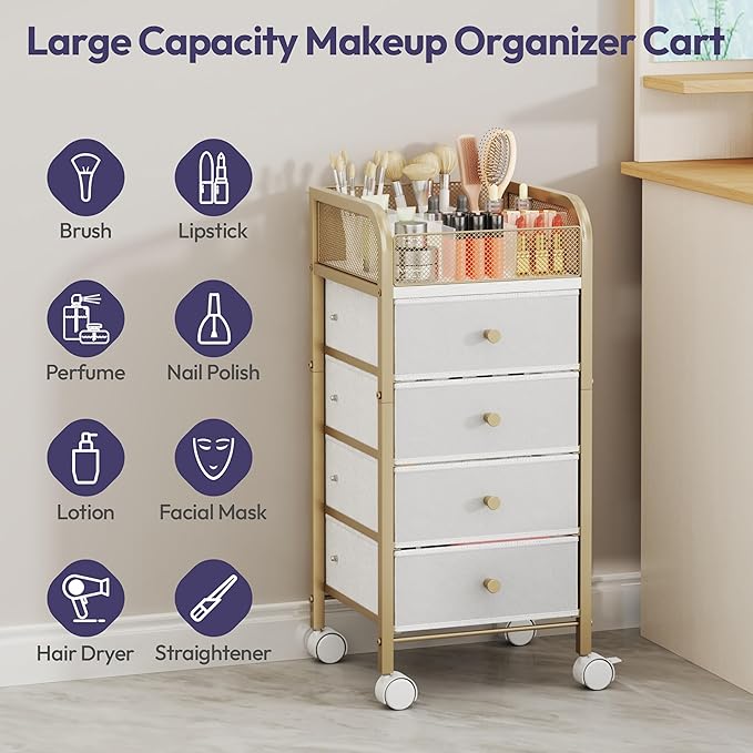 SWTYMIKI Rolling Makeup Organizer Cart - Floor Skincare Make Up Storage with 4 Non-woven Drawers, Vanity Organizer Cosmetic Display Cases Cabinet for Skin Care Perfume Nail Polish Brush Hair Tool
