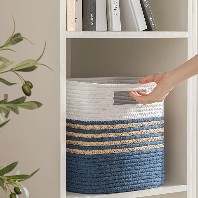 UBBCARE Set of 4 Storage Cubes 11 X 10.5 X 10.5 in, Water Hyacinth Storage Bins for Shelves, Toys, Books, Organizing Baskets with Handles, Cotton Rope Woven Baskets, Blue