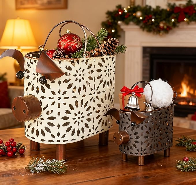 Zoreal Metal Decorative Small Baskets,Narrow Baskets with Handles for Storage,Pig Designs Farmhouse Cute Basket for Kitchen,Bathroom,Livingroom,Office Shelf Decor Aesthetic set of 2