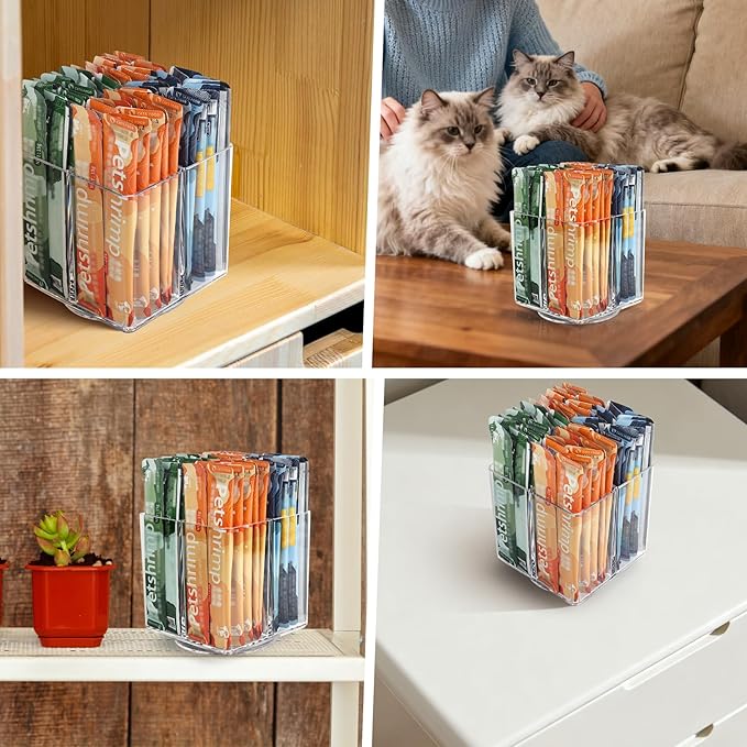 Lickable Cat Treats Organizer, Lazy susan Acrylic Squeeze Up Cat Food Storage Container, Essential storage for pet treats, Wet Cat Treats Storage for Kitchen Cabinet Pantry Shelf Countertop（Square）