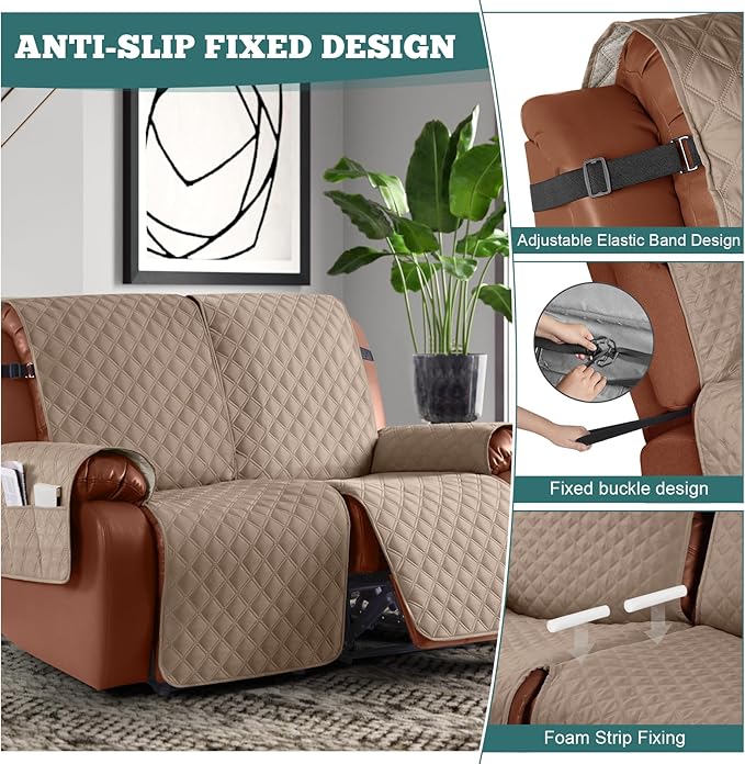 Ruaozz Waterproof Recliner Sofa Covers, 1-Piece Couch Covers for Reclining Couches Reclining Couch Cover Washable Furniture Protector with Elastic Straps Pocket for Kids Pets (Light Brown, 2 Seater)