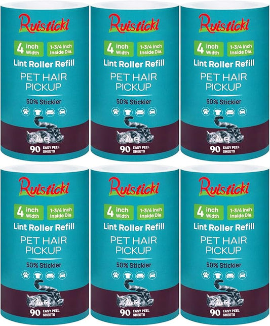 4 inch Extra Sticky Lint Roller Refills for Scotch-Brite Pet Hair Pickup Lint Roller 90 Sheets per Refill 6 Pack - 540 Easy-Tear Adhesive Sheets Total (Inside Dia. 1 3/4 inch)