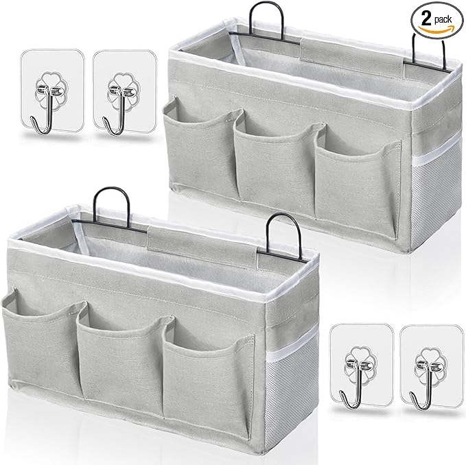 Wall Hanging Organizer Bag, 2-Pack Linen Storage Baskets with Pockets, Wall Hanging Storage Basket for Bedroom, Kitchen, Office, RV Camper (LightGrey-2pcs)