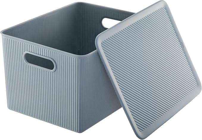 Decorative Plastic Basket Lidded Home Storage Bins Organizer Baskets, X-Large Blue (1 Pack - 22 Liter) Stackable Container Box, for Organizing Closet Storage Bins for Shelves - Ribbed Collection