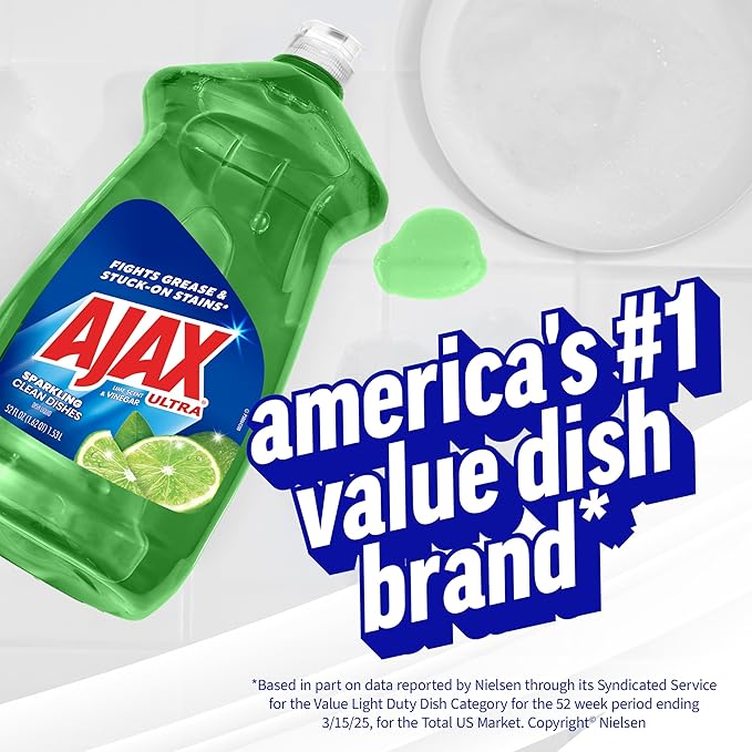 Ajax Ultra Dish Soap Lime Scent and Vinegar, Sparkling Clean Dishes, Mess-Free, Easy-Flip Cap, 52 fl oz Bottle