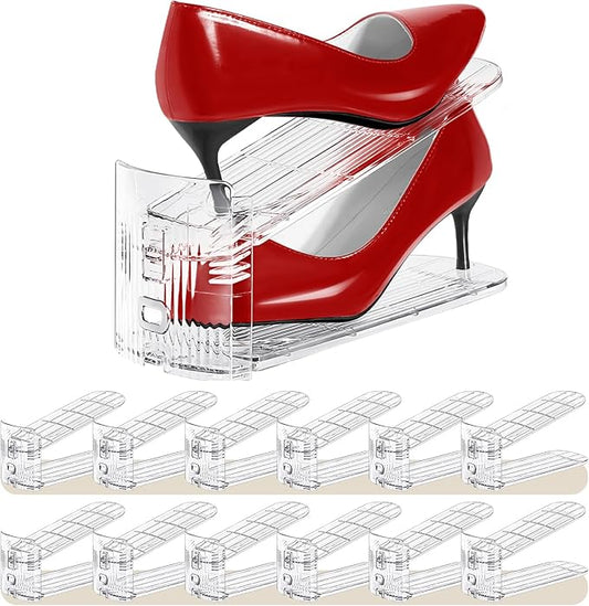 Shoe Slots Organizer 12 Pack - Shoe Stacker,3 Levels Adjustable,Space Savers 50%,Double Layer Holders for Closet (Transparent),Organizador de Zapatos