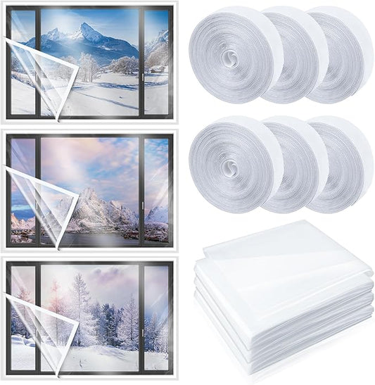 3 Set 75 x 79 Inch Window Insulation Kit Winter Window Plastic for Winterizing Home Cuttable Transparent Film with Adhesive Straps Reusable Thicken Thermal Waterproof Attic Cover Warm
