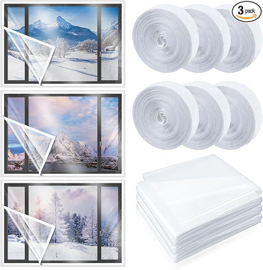 3 Sets 47 x 63 Inch Window Insulation Kit Cuttable Transparent Film with Adhesive Straps Reusable Window Plastic for Patio Winterizing Thicken Warm Winter Waterproof Attic Insulation Cover