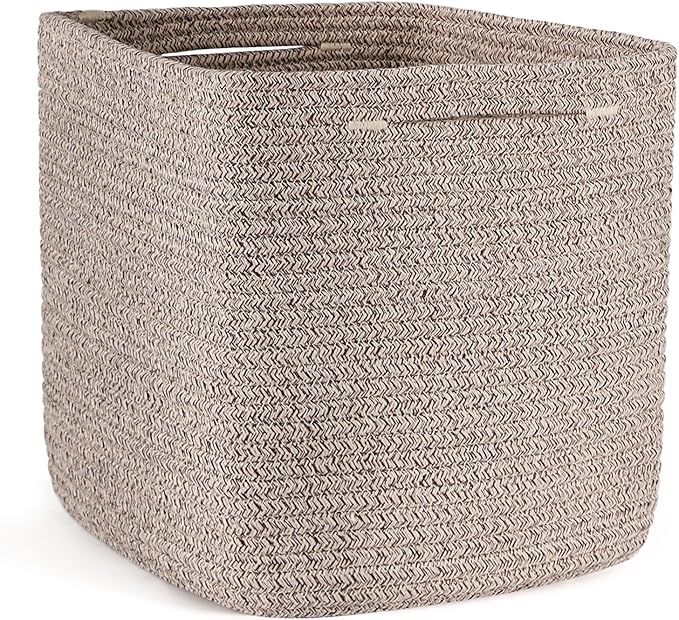 Storage Cubes 11 Inch Storage Baskets for Shelves, Cotton Rope Woven Baskets for Organizing, Cube Storage Square Bins for Toy, Playroom Decor, Classroom, Closet, Brown, 1pack