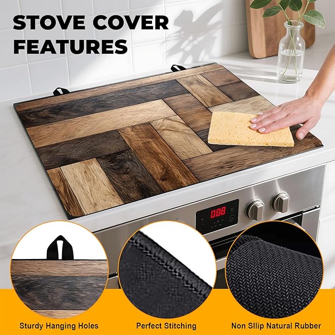 Stove Top Cover Flower Gas Stove Top Cover for Home Decoration Kitchen Pad Non-Stick Washable Cooktop Covers Countertop Protector Keep Stove Clean (Wood grain, 30L"x21W")