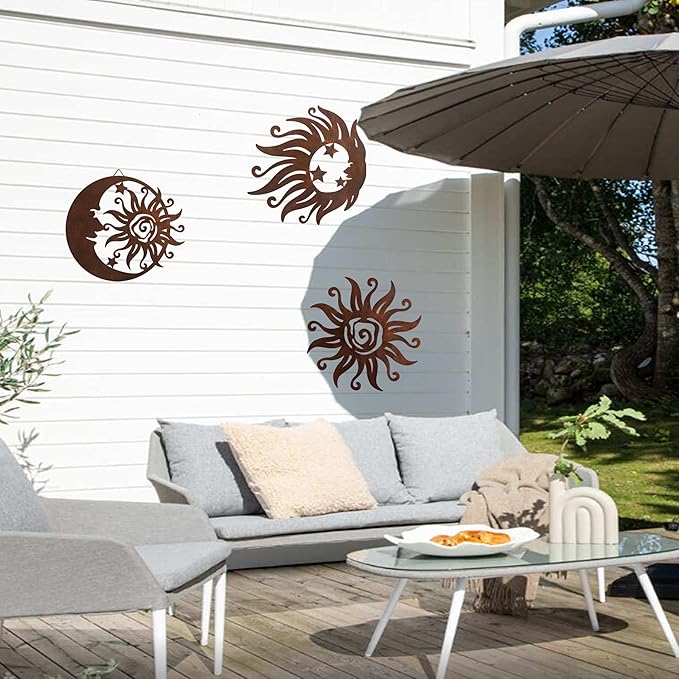 Limygus Sun Moon Metal Wall Art - Rust Colored Rust Proof Wall Sculpture Set of 3 for Indoor & Outdoor Decor for Bedroom, Garden, Patio, Farmhouse