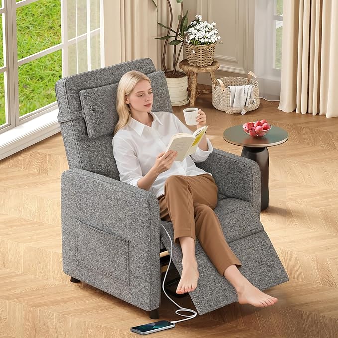 GarveeHome Electric Recliner Chair Living Room Chair Adjustable Power Recliner with Massage & Heat & Lumbar Support & Side Pockets & USB Port(Gray)