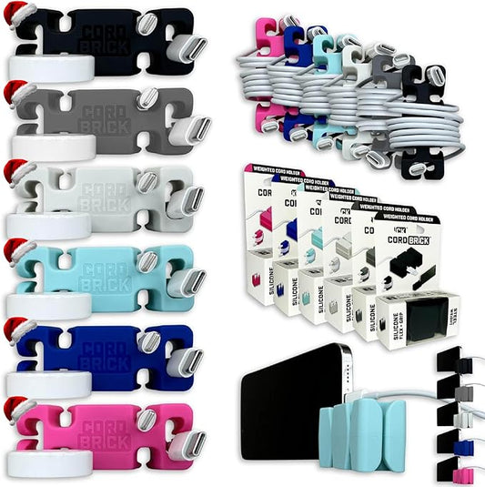 CordBrick Stocking Stuffers for Adults Cord Management Weighted Cord Holder Cable Wrap Phone Stand - Multiuse Gadget Organizer for Nightstand, Desk. Gift for Men, Durable Silicone. 6pk Asst Neutrals