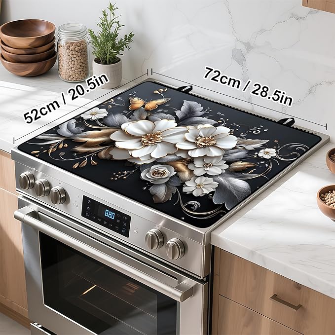 White flower Stove Top Cover Retro Flower Gas Stove Top Cover for Home Decoration Kitchen Pad Non-Stick Washable Cooktop Covers Countertop Protector Keep Stove Clean 28"x20"