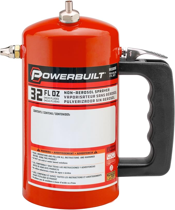 Powerbuilt 1 Quart Refillable Non-Aerosol Pressurized Sprayer for Oil, Lubricants, Degreasers - 32oz Canister with Brass Nozzles & Stainless-Steel Corrosion Resistant Inner Lining (Red) - 643090ECE