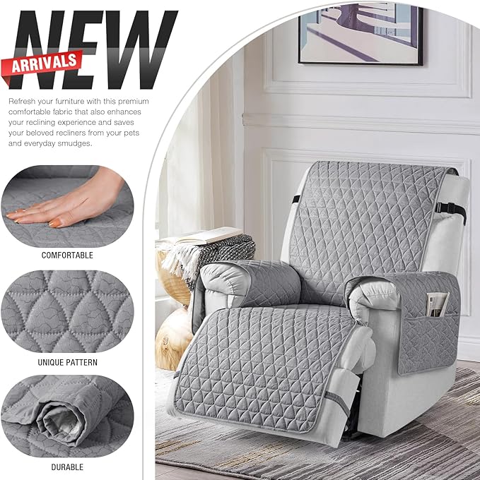 TAOCOCO 100% Waterproof Recliner Cover - Recliner Cover with Non-Slip Granule, Recliner Chair Covers with Elastic Band, Recliner Chair Covers for Reclining Chair(Light Gray, Small-22'')