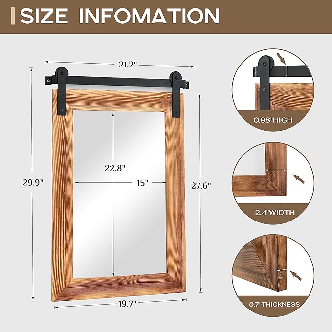 COGOOD Farmhouse Barn Door Mirror - 21 x 30 Rustic Wood Framed Wall Mirror for Bathroom, Living Room, Entryway Wall Decor (Brown)