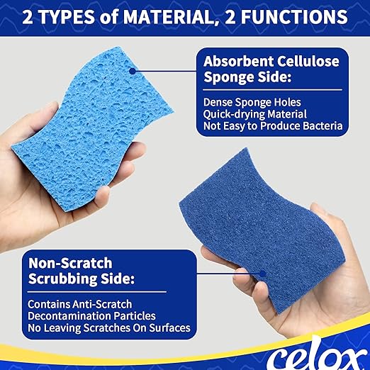 CELOX 12 Pack Sponges for Kitchen, Dual Sided Scrub Heavy Duty and Dish Scrub Brush with Soap Dispense