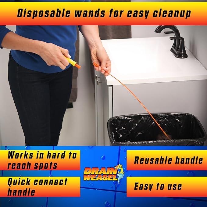 FlexiSnake Drain Weasel Sink Snake Hair Clog Remover Tool Kit, Sink, Pipe, Bathroom, Bathtub Drain Cleaner, 18-inch Long, Flexible, Made in The USA, 3 Pack Wand Refills and Removable Handle