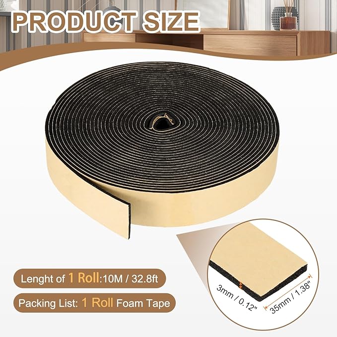 PATIKIL Foam Insulation Tape, 1-3/8" W x 1/8" t x 32.8FT Self Adhesive Weather Stripping Door Seal Strip for Door Window Air Conditioning, Black