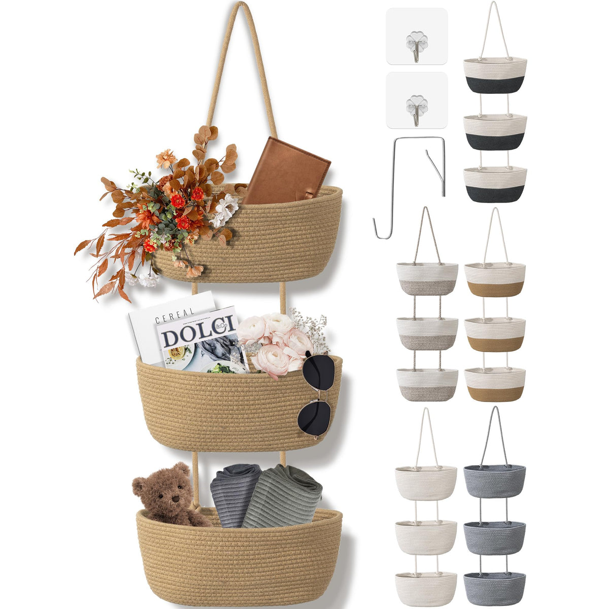 3 Tier Wall Mounted Woven Hanging Basket, Over the Door - Image 1
