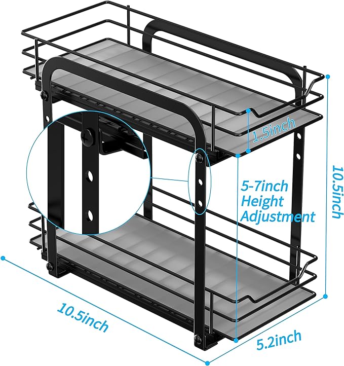 Spice Rack Organizer for Cabinet, 2 Tier Pull Out Spice Organizer for Cabinet Height Adjustable Heavy Duty Metal Basket for Inside Cabinets & Pantry Closet