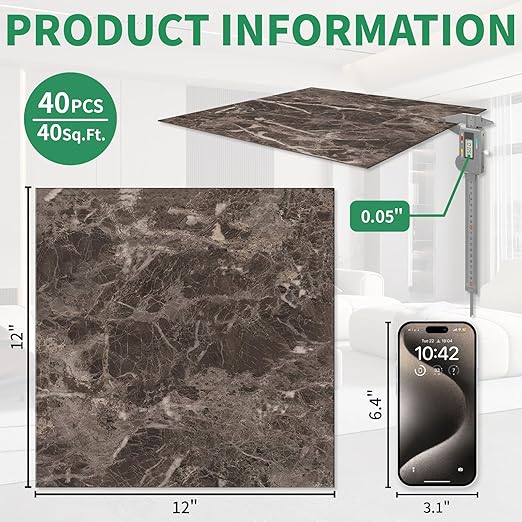 40 Pack Cover 40 Sq.Ft Peel and Stick Floor Tiles, 12” x 12” Self Adhesive Vinyl Flooring Easy DIY Installation for Kitchen, Living Room, Laundry, RV, Brown Marble