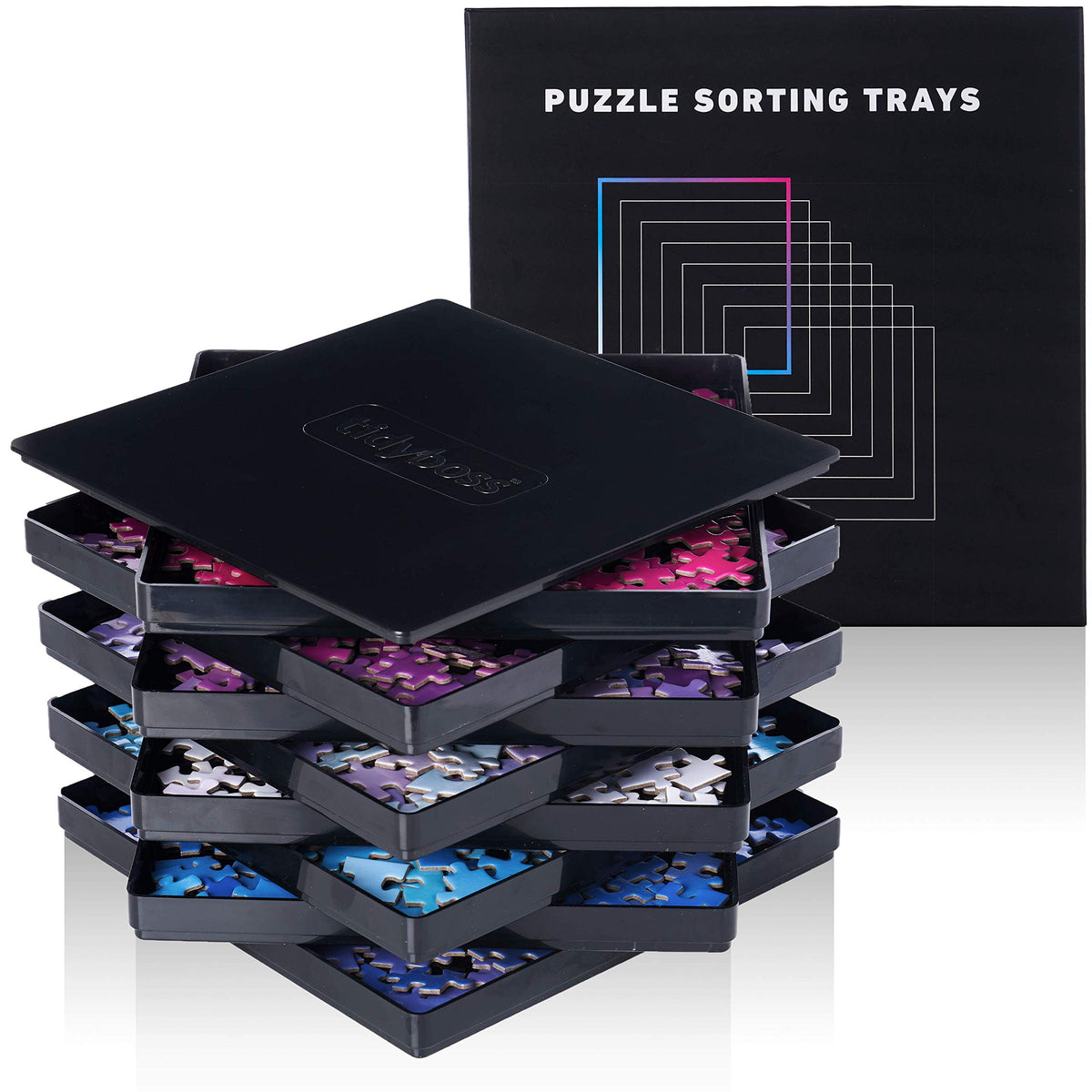 8 Black Puzzle Sorting Trays with Lid 10" x 10" | Puzzle - Image 1
