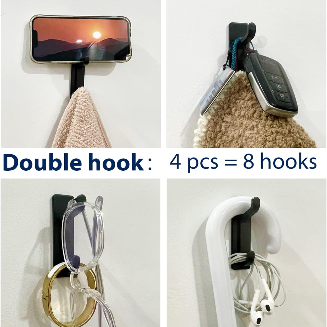 4 Pack 13LB Strong Adhesive Hooks Black Stick-On Wall Hooks For Coats Towels Bathroom Kitchen Home Storage Organization - Image 2
