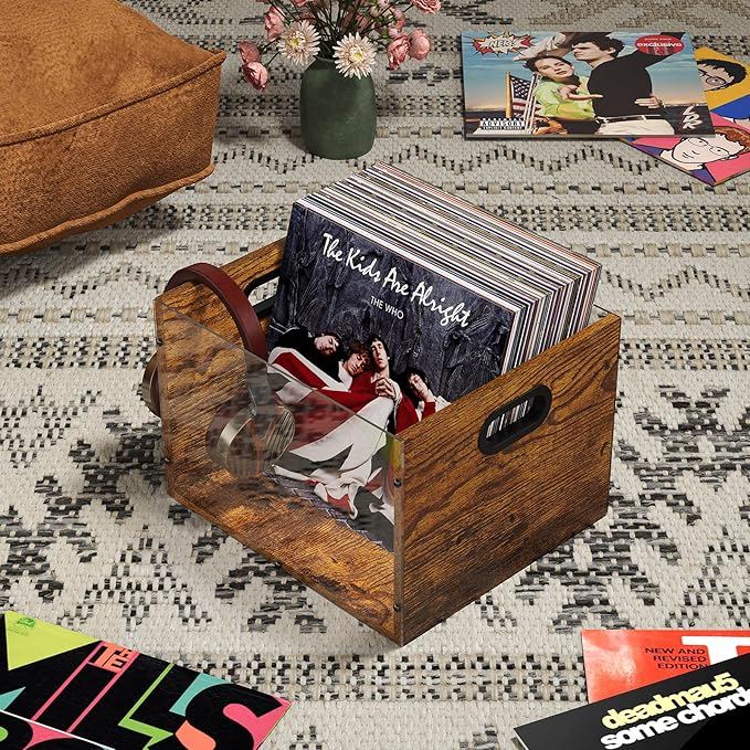 X-cosrack Acrylic Vinyl Record Storage Crate, Visible Record Holder Crate, Classic Cube Album Storage Box, Record Shelf Organizer with Handle Great for Storing Vinyl Record LP's/Albums