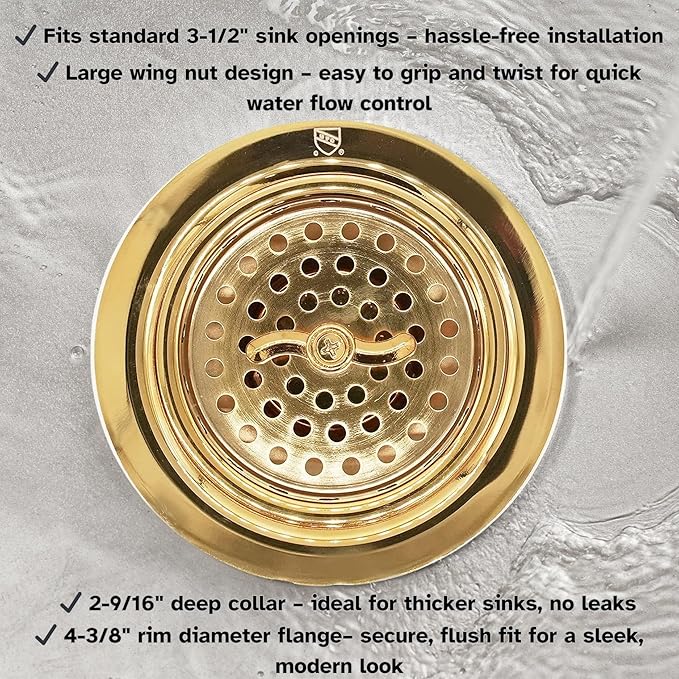 Westbrass D213-01 3-1/2" Wing Nut Twist Style Large Kitchen Sink Basket Strainer, Polished Brass