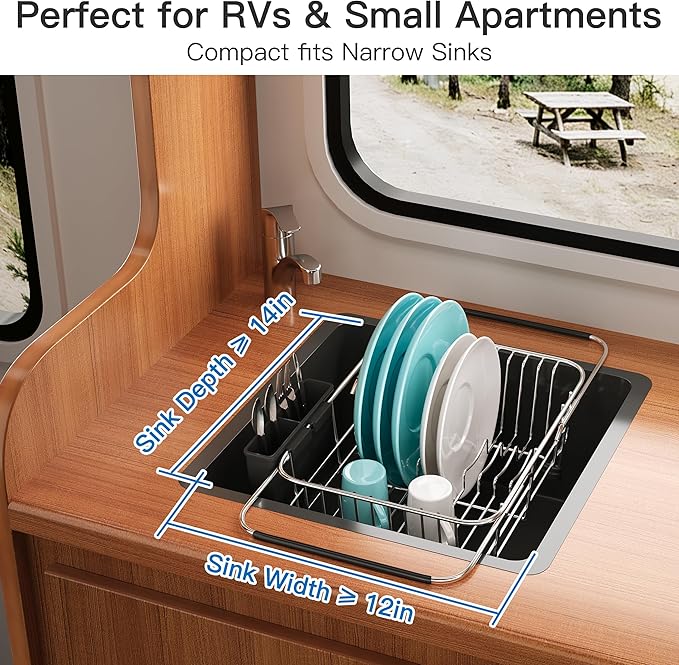 Apartment RV Small Dish Drainer Drying Rack Over The Sink In Stainless Steel for Narrow Kitchen, Counter Space Saving Compact Expandable Metal Plate Dryer Strainer, Modern Above Wire Drain Holder