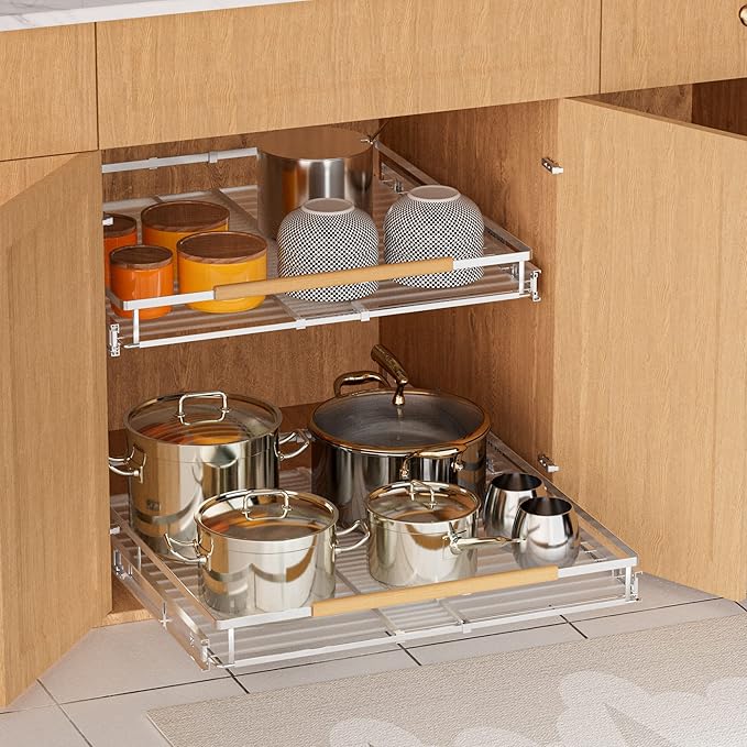 SANNO Expandable Pull Out Drawer Organizer and Storage, Sliding Shelf Under Sink Shelf Expandable Dish Drying Rack Over The Sink Dish Drainer