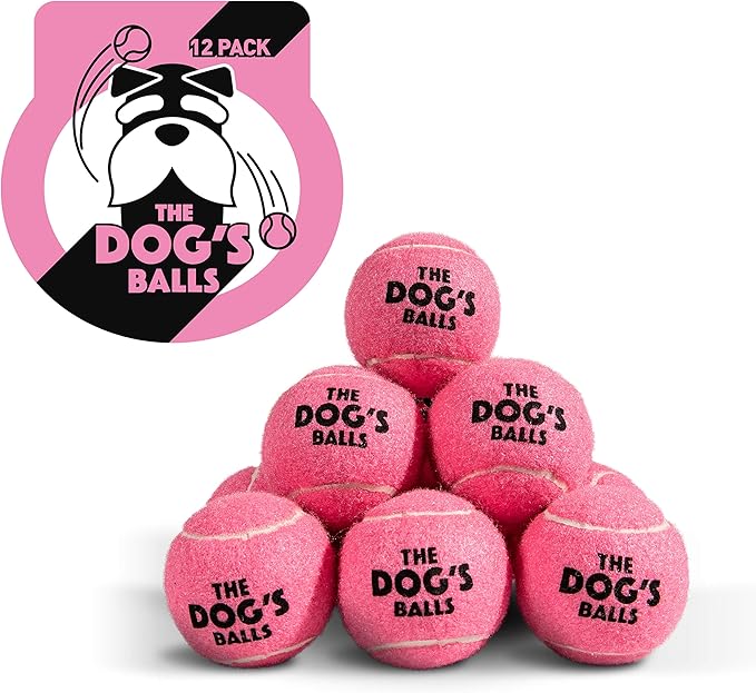 The Dog's Balls Dog Tennis Balls for Dogs, Pink, 12-Pack - Non-Abrasive Felt Fetch Balls, Tough Rubber Core, Float in Water, Fits Standard Launchers