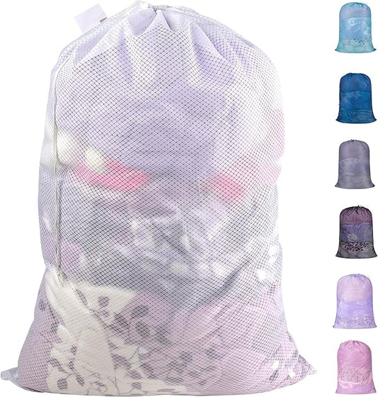 Polecasa Extra Heavy Duty Large Diamond Mesh Laundry Bags with Drawstring Closure & ID Tag, 24 x 36 inches Washable Storage Bag for College, Travel, Sports, Dorms, White